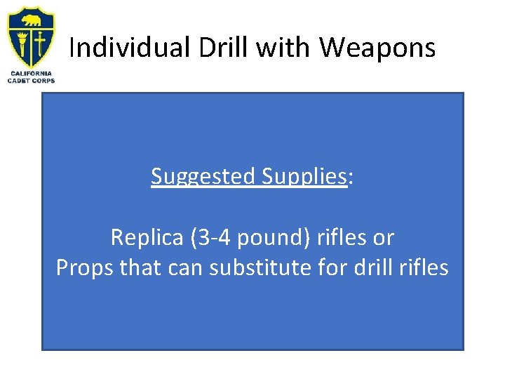 Individual Drill with Weapons Suggested Supplies: Replica (3 -4 pound) rifles or Props that