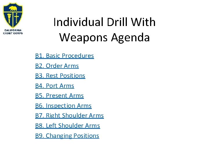 Individual Drill With Weapons Agenda B 1. Basic Procedures B 2. Order Arms B