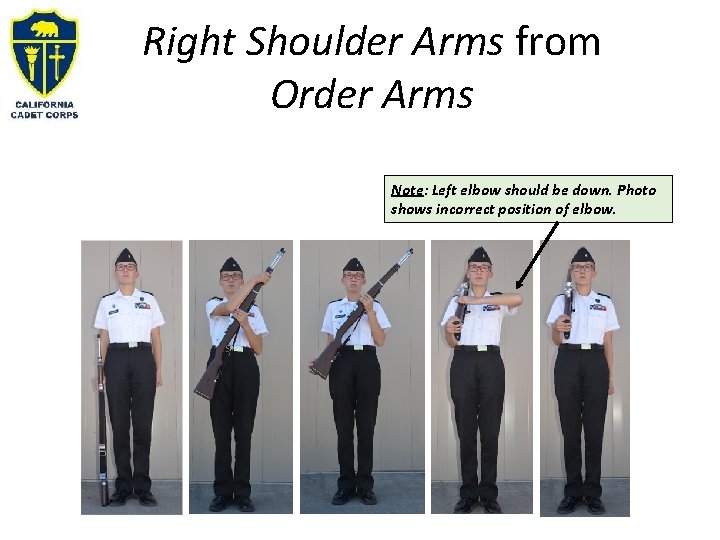 Right Shoulder Arms from Order Arms Note: Left elbow should be down. Photo shows