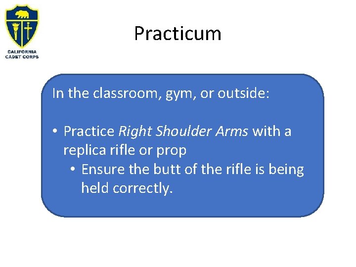 Practicum In the classroom, gym, or outside: • Practice Right Shoulder Arms with a