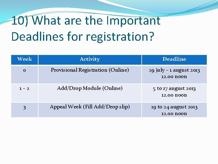 10) What are the Important Deadlines for registration? Week Activity Deadline 0 Provisional Registration