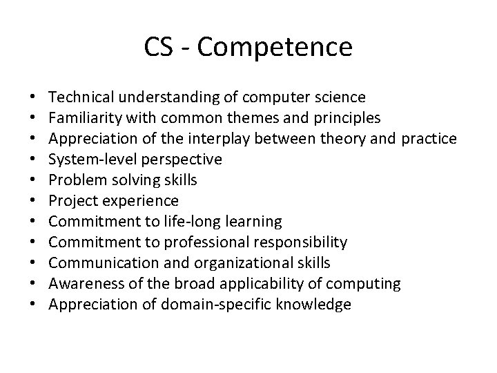 CS - Competence • • • Technical understanding of computer science Familiarity with common