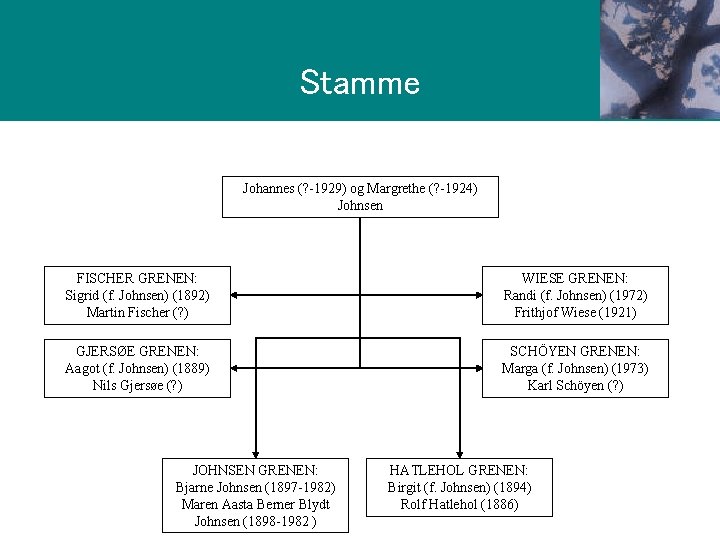 Stamme Johannes (? -1929) og Margrethe (? -1924) Johnsen FISCHER GRENEN: Sigrid (f. Johnsen)