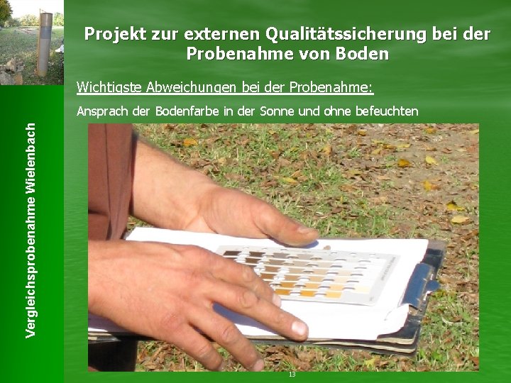 Projekt zur externen Qualitätssicherung bei der Probenahme von Boden Wichtigste Abweichungen bei der Probenahme: