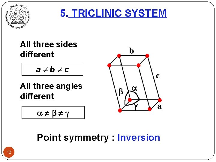 5. TRICLINIC SYSTEM All three sides different a b c All three angles different