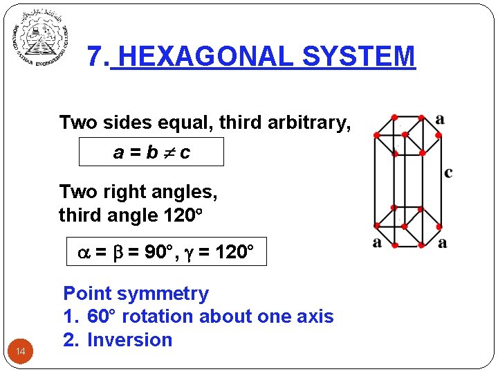 7. HEXAGONAL SYSTEM Two sides equal, third arbitrary, a=b c Two right angles, third