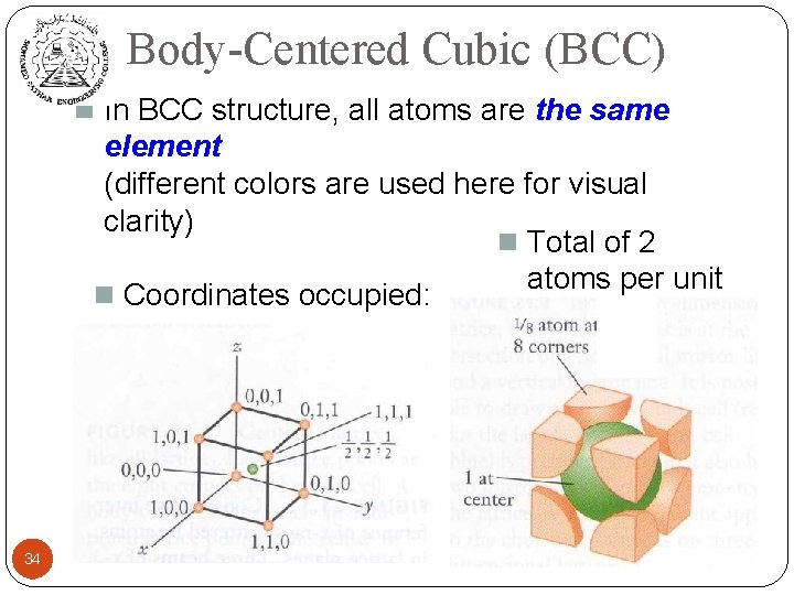 Body-Centered Cubic (BCC) n In BCC structure, all atoms are the same element (different