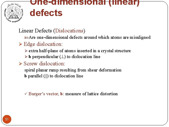 One-dimensional (linear) defects Linear Defects (Dislocations) Are one-dimensional defects around which atoms are misaligned