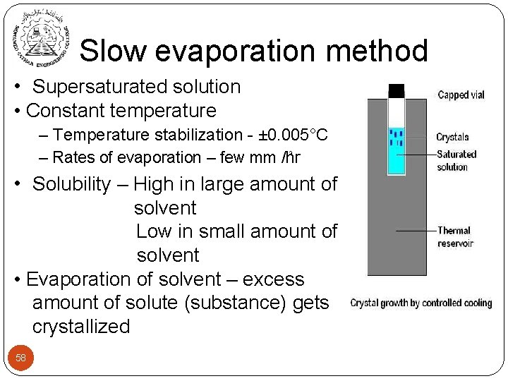 Slow evaporation method • Supersaturated solution • Constant temperature – Temperature stabilization - ±