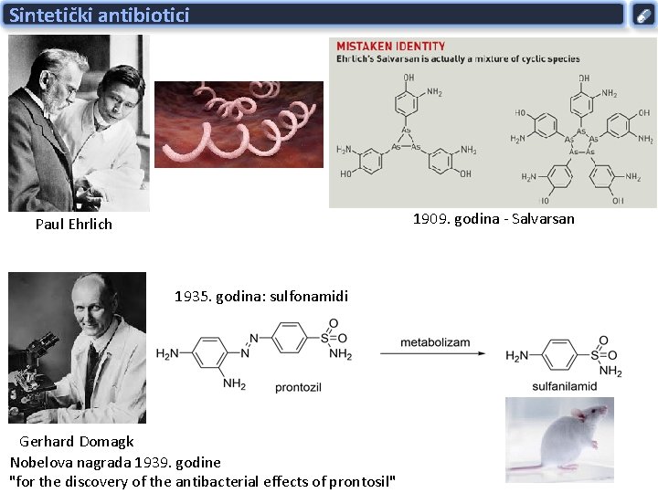 Sintetički antibiotici 1909. godina - Salvarsan Paul Ehrlich 1935. godina: sulfonamidi Gerhard Domagk Nobelova