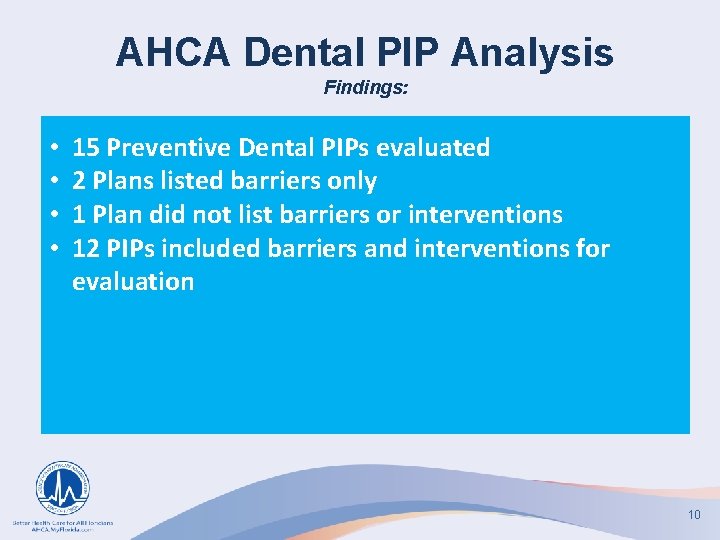 AHCA Dental PIP Analysis Findings: • • 15 Preventive Dental PIPs evaluated 2 Plans