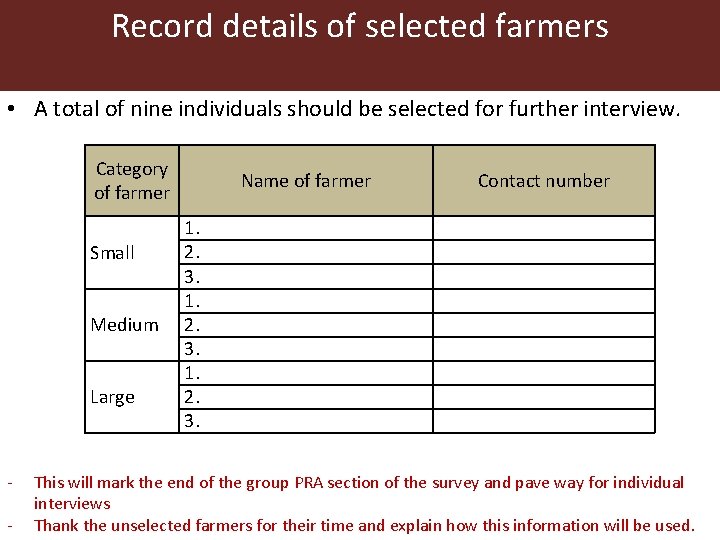 Record details of selected farmers • A total of nine individuals should be selected