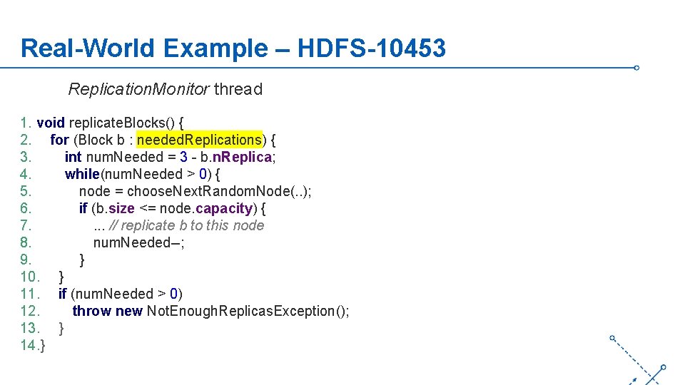 Real-World Example – HDFS-10453 Replication. Monitor thread 1. void replicate. Blocks() { 2. for