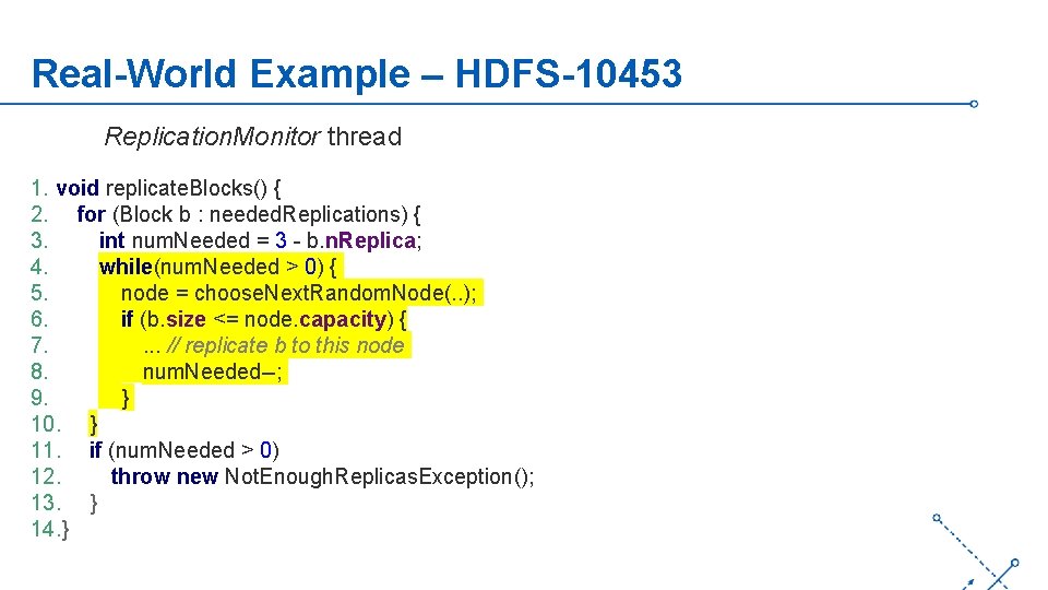 Real-World Example – HDFS-10453 Replication. Monitor thread 1. void replicate. Blocks() { 2. for