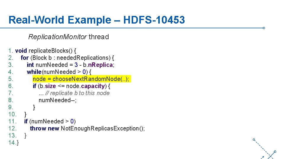 Real-World Example – HDFS-10453 Replication. Monitor thread 1. void replicate. Blocks() { 2. for