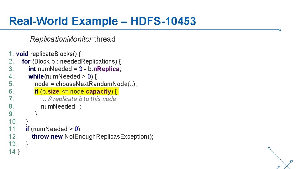 Real-World Example – HDFS-10453 Replication. Monitor thread 1. void replicate. Blocks() { 2. for