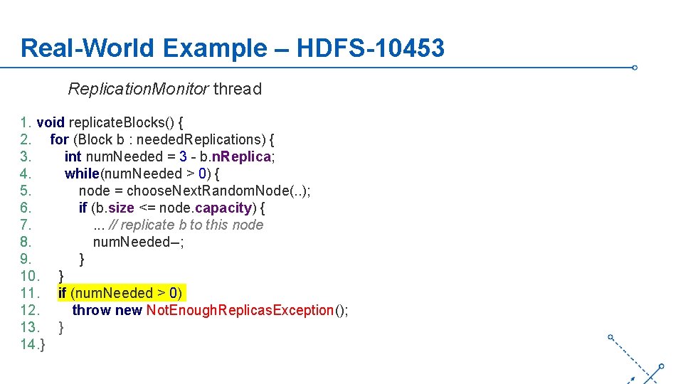 Real-World Example – HDFS-10453 Replication. Monitor thread 1. void replicate. Blocks() { 2. for