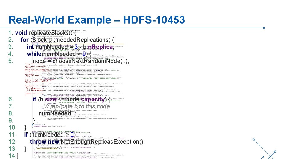 Real-World Example – HDFS-10453 1. void replicate. Blocks() { 2. for (Block b :