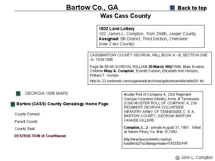 Bartow Co. , GA Back to top Was Cass County 1832 Land Lottery 102