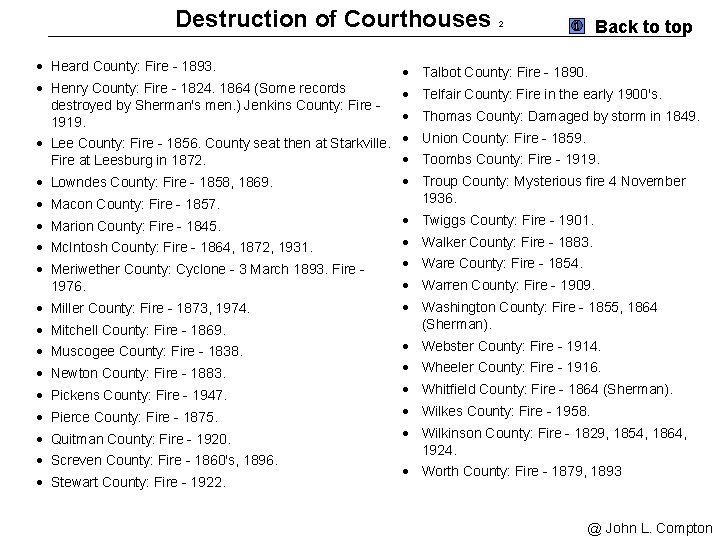 Destruction of Courthouses · Heard County: Fire - 1893. · Henry County: Fire -