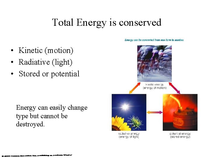 Total Energy is conserved • Kinetic (motion) • Radiative (light) • Stored or potential