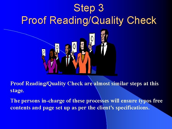 Step 3 Proof Reading/Quality Check are almost similar steps at this stage. The persons