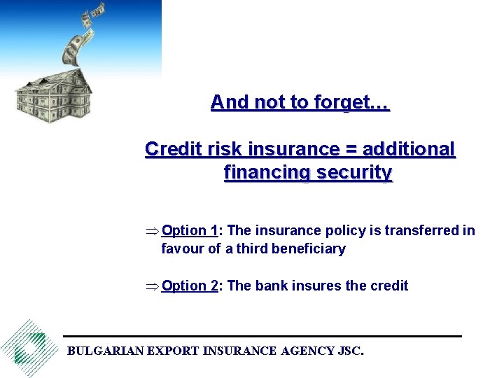 And not to forget… Credit risk insurance = additional financing security Þ Option 1: