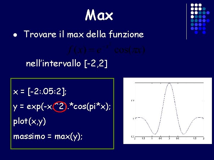 Max l Trovare il max della funzione nell’intervallo [-2, 2] x = [-2: .