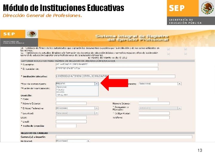 Módulo de Instituciones Educativas Dirección General de Profesiones. 13 