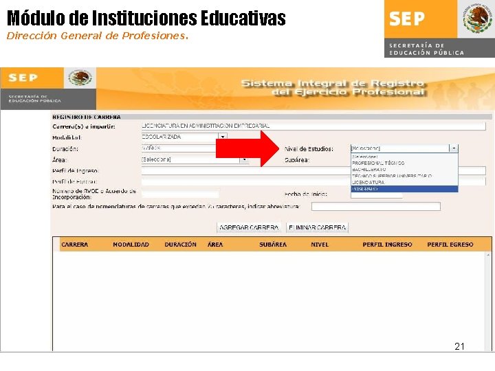 Módulo de Instituciones Educativas Dirección General de Profesiones. 21 