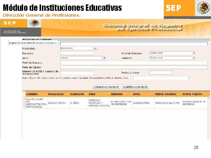 Módulo de Instituciones Educativas Dirección General de Profesiones. 25 