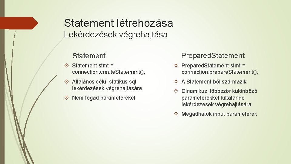 Statement létrehozása Lekérdezések végrehajtása Statement Prepared. Statement stmt = connection. create. Statement(); Prepared. Statement