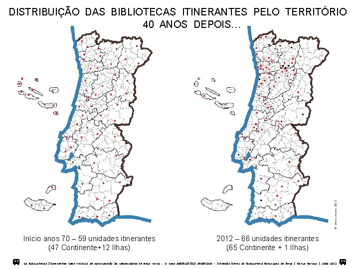  Maria Morais, 2012 DISTRIBUIÇÃO DAS BIBLIOTECAS ITINERANTES PELO TERRITÓRIO 40 ANOS DEPOIS… Início