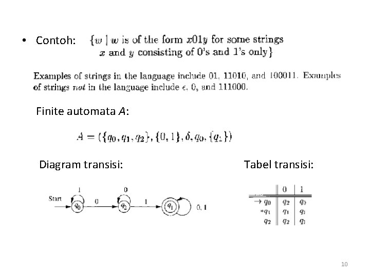  • Contoh: Finite automata A: Diagram transisi: Tabel transisi: 10 