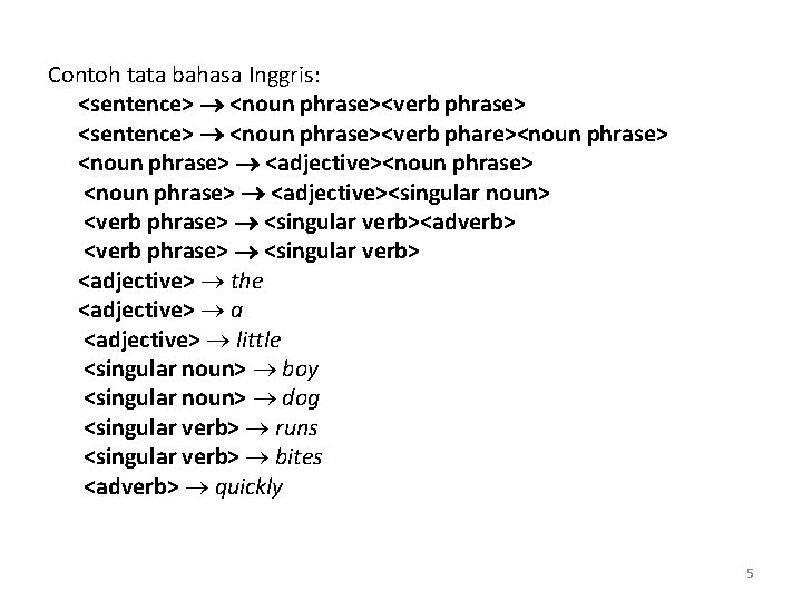 Contoh tata bahasa Inggris: <sentence> <noun phrase><verb phrase> <sentence> <noun phrase><verb phare><noun phrase> <adjective><singular