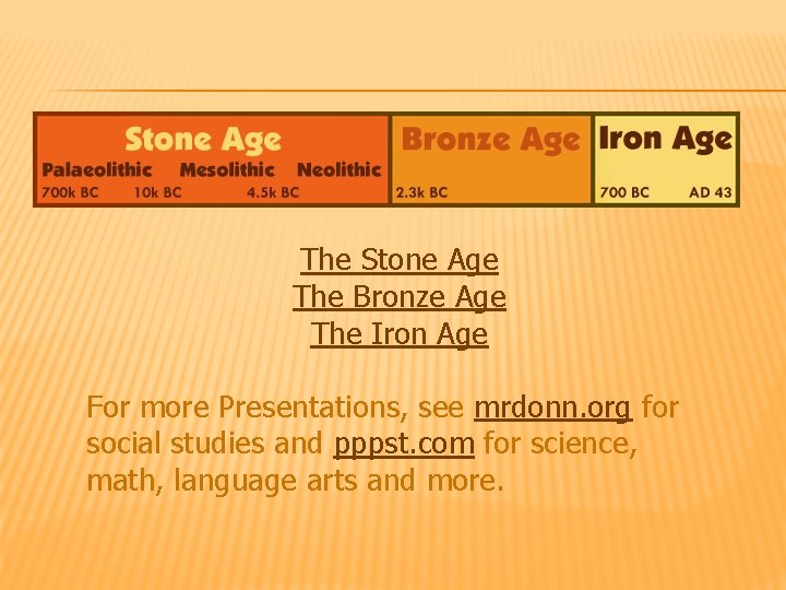 The Stone Age The Bronze Age The Iron Age For more Presentations, see mrdonn.