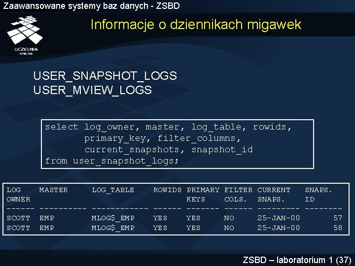 Zaawansowane systemy baz danych - ZSBD Informacje o dziennikach migawek USER_SNAPSHOT_LOGS USER_MVIEW_LOGS select log_owner,