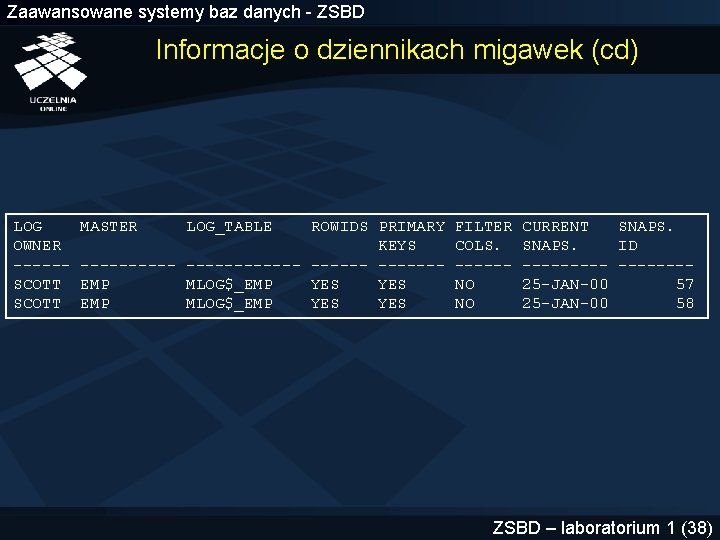 Zaawansowane systemy baz danych - ZSBD Informacje o dziennikach migawek (cd) LOG MASTER LOG_TABLE