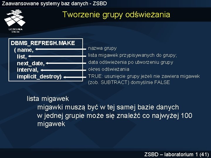 Zaawansowane systemy baz danych - ZSBD Tworzenie grupy odświeżania DBMS_REFRESH. MAKE ( name, list,