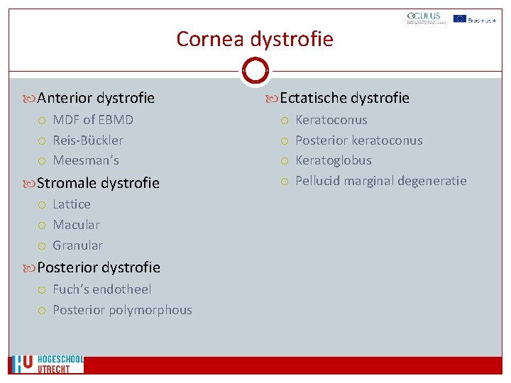 Cornea dystrofie Anterior dystrofie MDF of EBMD Reis-Bückler Meesman’s Stromale dystrofie Lattice Macular Granular