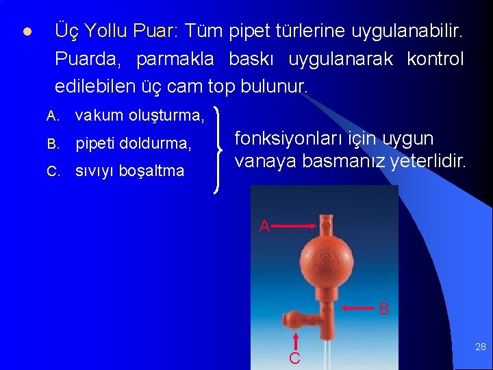 l Üç Yollu Puar: Tüm pipet türlerine uygulanabilir. Puarda, parmakla baskı uygulanarak kontrol edilebilen