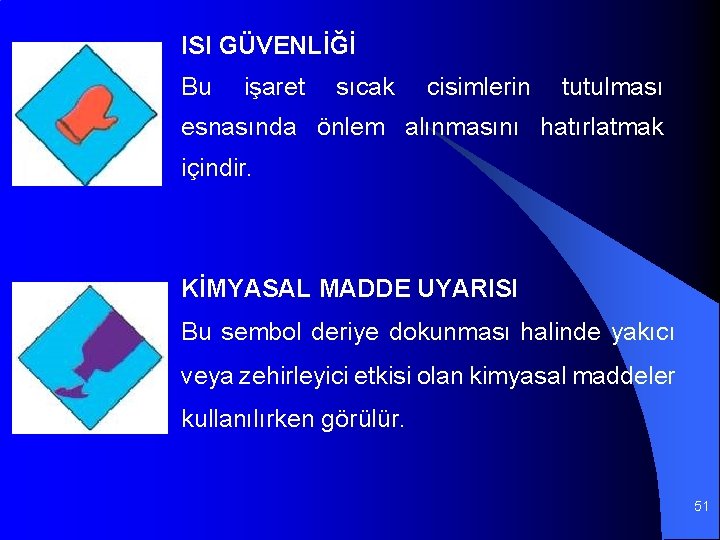 ISI GÜVENLİĞİ Bu işaret sıcak cisimlerin tutulması esnasında önlem alınmasını hatırlatmak içindir. KİMYASAL MADDE