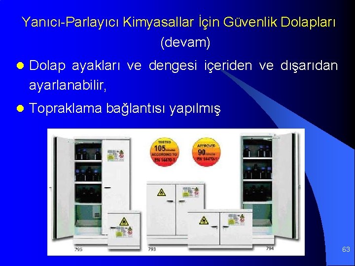 Yanıcı-Parlayıcı Kimyasallar İçin Güvenlik Dolapları (devam) l Dolap ayakları ve dengesi içeriden ve dışarıdan