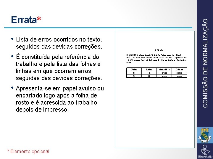 Errata* • Lista de erros ocorridos no texto, seguidos das devidas correções. • É