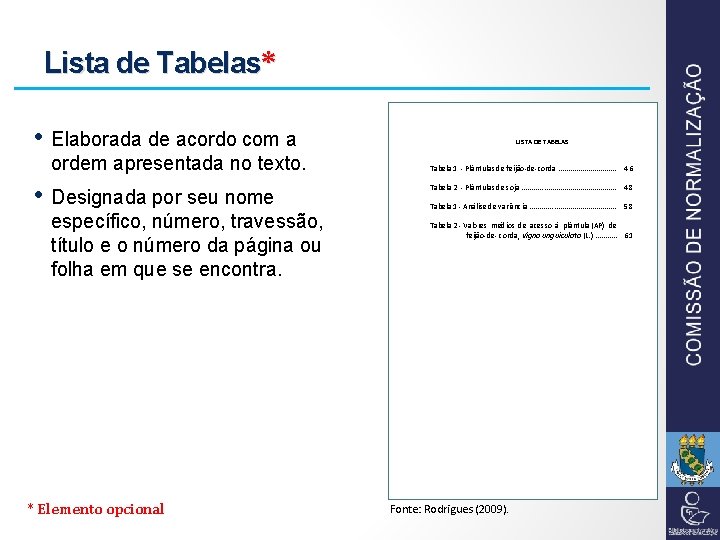 Lista de Tabelas* • Elaborada de acordo com a ordem apresentada no texto. •