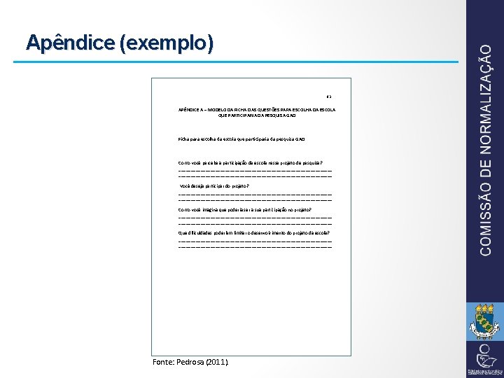 Apêndice (exemplo) 83 APÊNDICE A – MODELO DA FICHA DAS QUESTÕES PARA ESCOLHA DA