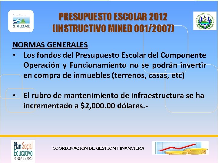 PRESUPUESTO ESCOLAR 2012 (INSTRUCTIVO MINED 001/2007) NORMAS GENERALES • Los fondos del Presupuesto Escolar