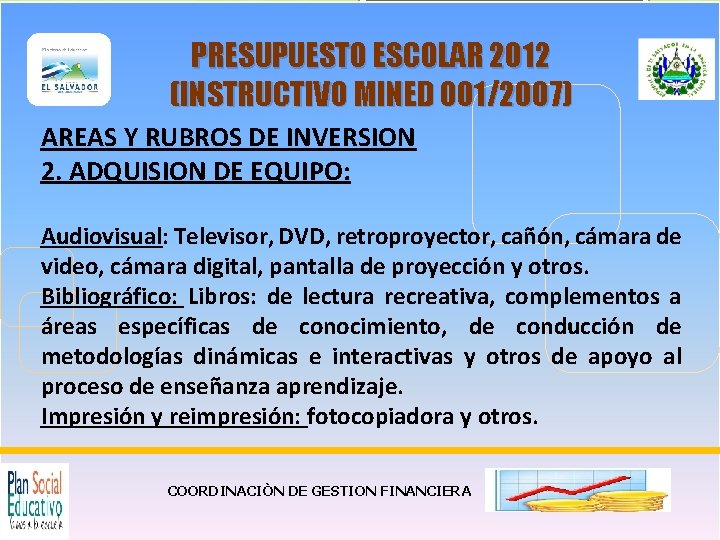 PRESUPUESTO ESCOLAR 2012 (INSTRUCTIVO MINED 001/2007) AREAS Y RUBROS DE INVERSION 2. ADQUISION DE