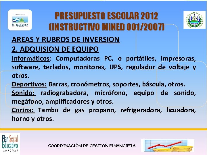 PRESUPUESTO ESCOLAR 2012 (INSTRUCTIVO MINED 001/2007) AREAS Y RUBROS DE INVERSION 2. ADQUISION DE