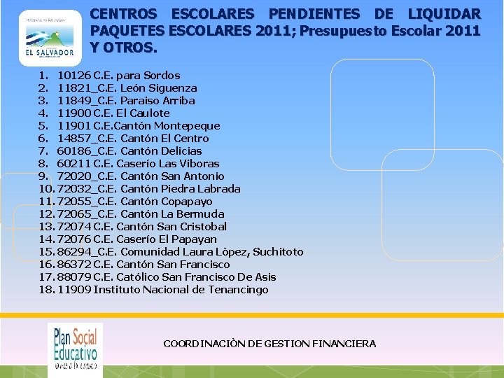 CENTROS ESCOLARES PENDIENTES DE LIQUIDAR PAQUETES ESCOLARES 2011; Presupuesto Escolar 2011 Y OTROS. 1.